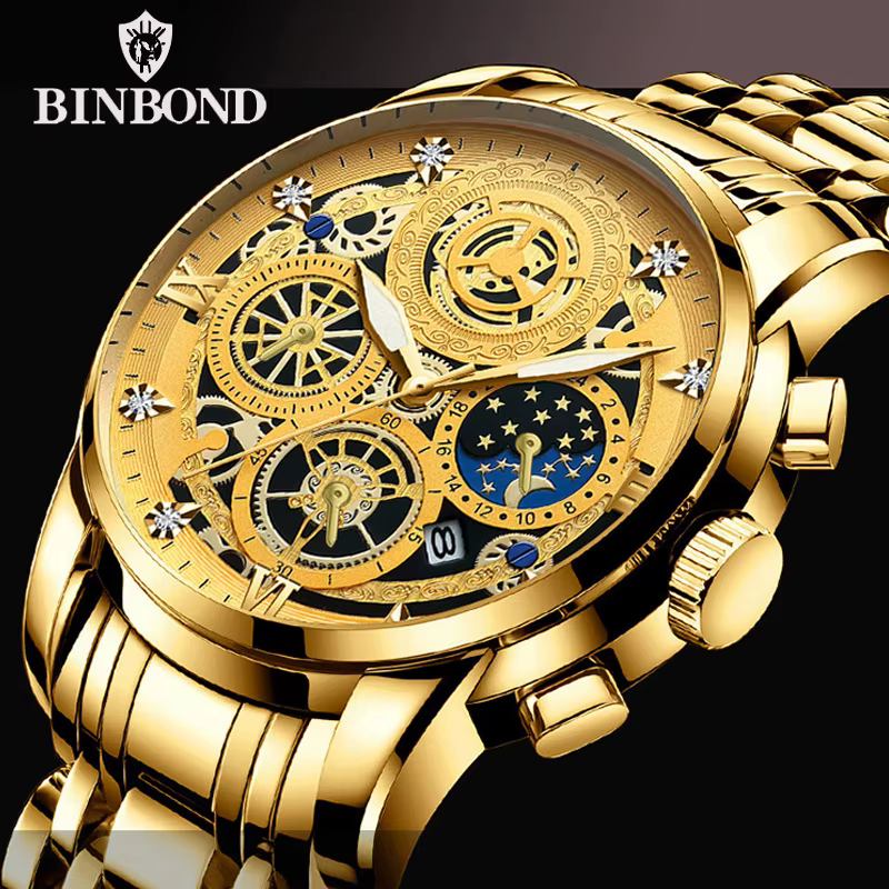 BINBOND luxe Quartz pour hommes montre bracelet en acier inoxydable cadran de luxe lumineux 30M étan