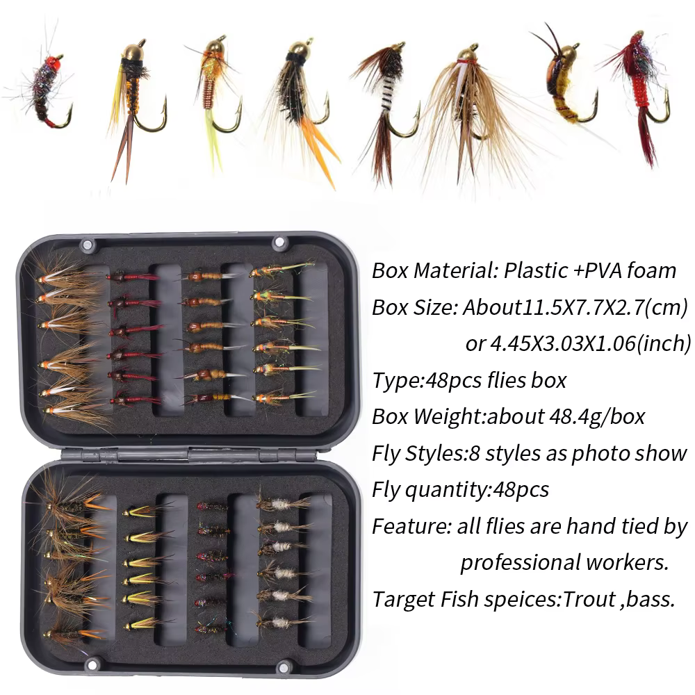 Vampfly 48 pièces ensemble de mouches boîte tête de perle cuivre John nymphe Caddis mai mouche nymph