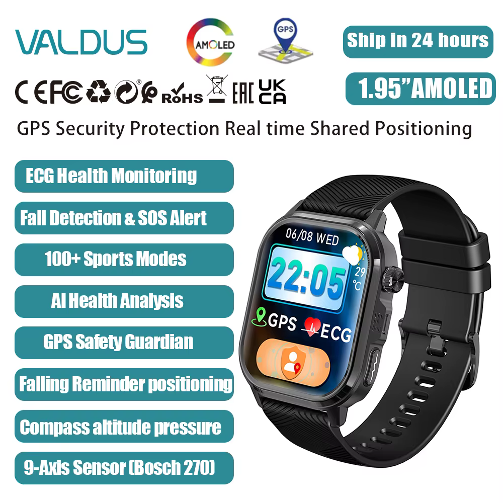 Montre connectée VALDUS CARDIGO AMOLED GPS+ECG pour homme et femme, SOS, localisation en temps réel,