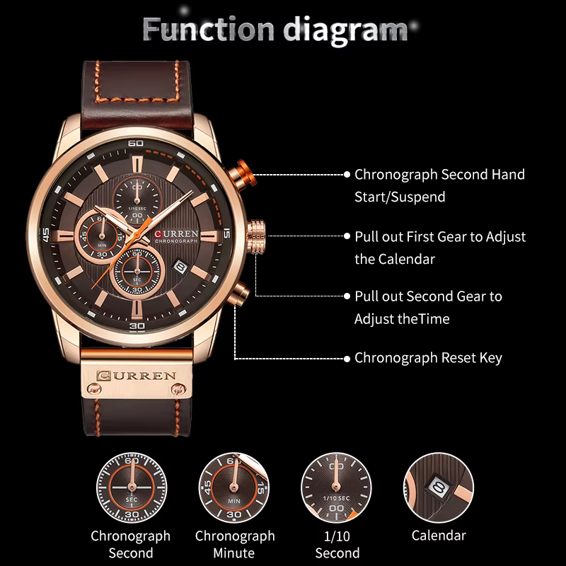 Montre chronographe à quartz pour homme CURREN 8291, montre-bracelet décontractée en cuir, style mil