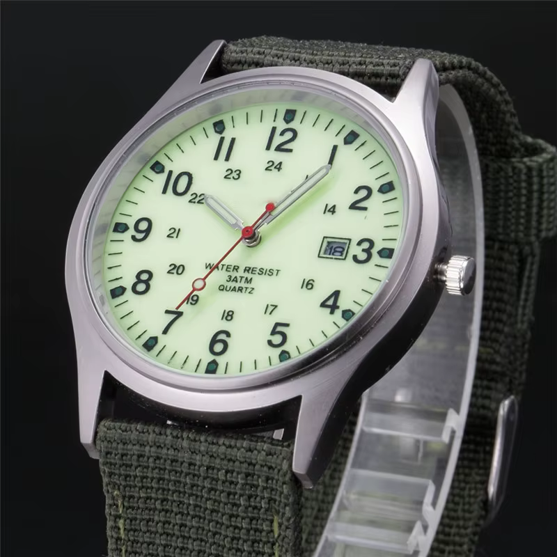 1 pièce / lot Montre homme pas chère, bracelet en nylon, style militaire, sport, date, quartz, noir
