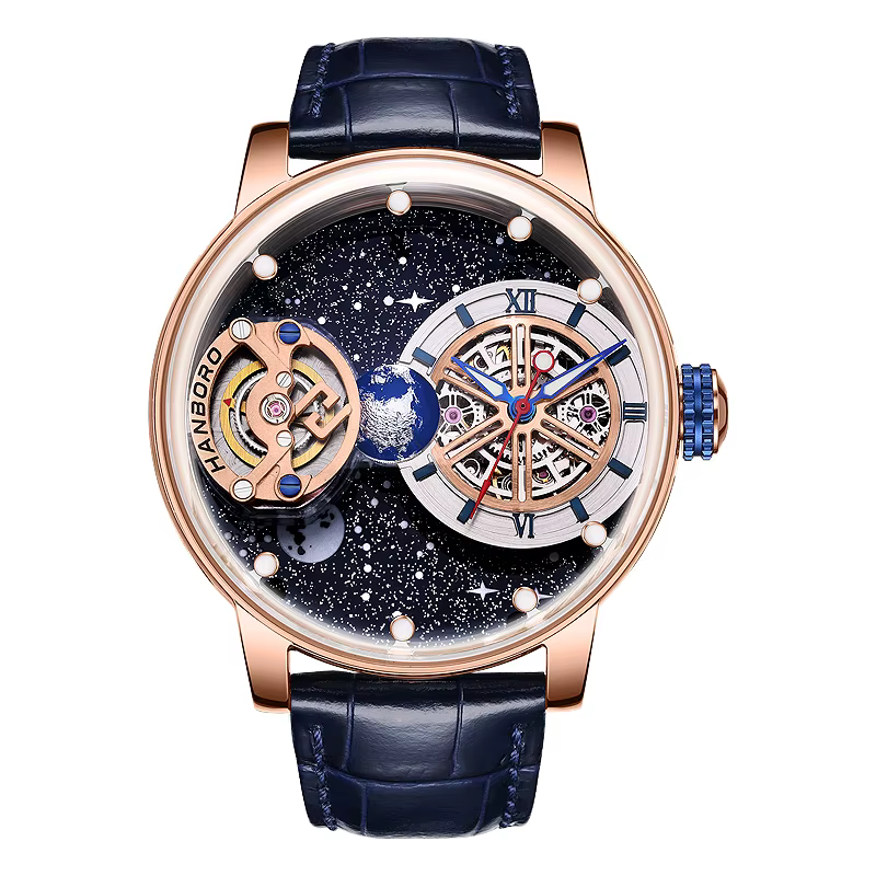HANBORO – montre automatique pour hommes, 44mm, mécanique, cadran cosmique rotatif lumineux