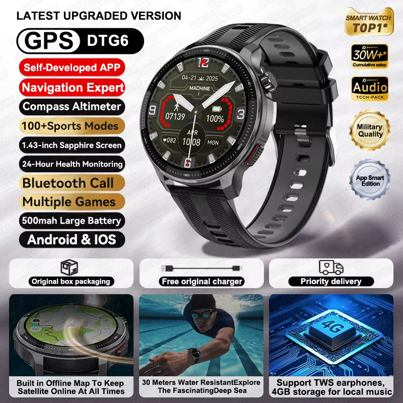 Nouvelle Montre Connectée Sport GPS 2026 avec Cartes Hors Ligne pour Hommes, 4 Go de Mémoire, Lecteu