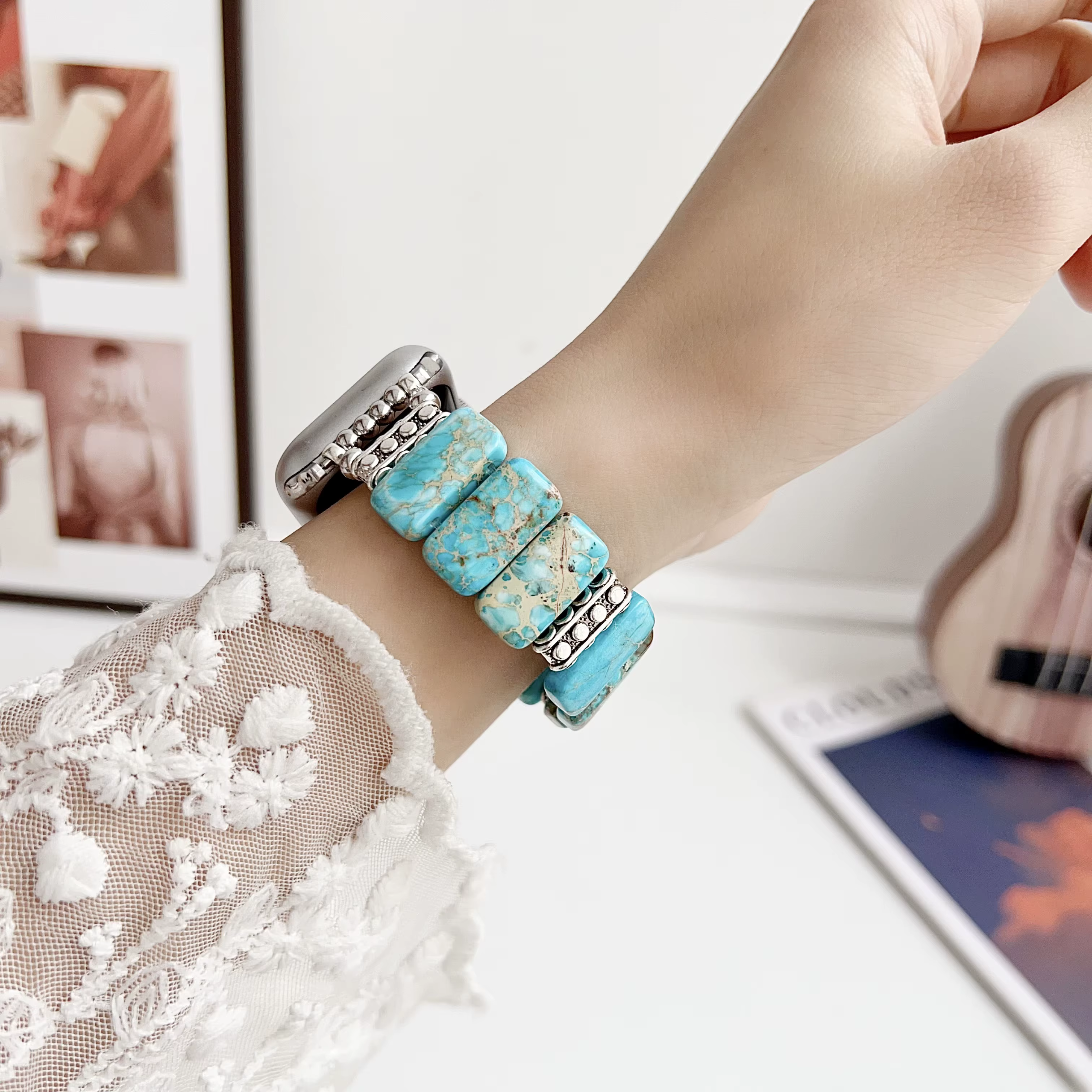 Bracelet en pierre élastique pour Apple Watch, pour femmes, séries Ultra 10/9/8/7/6/ 40mm 41mm 42mm