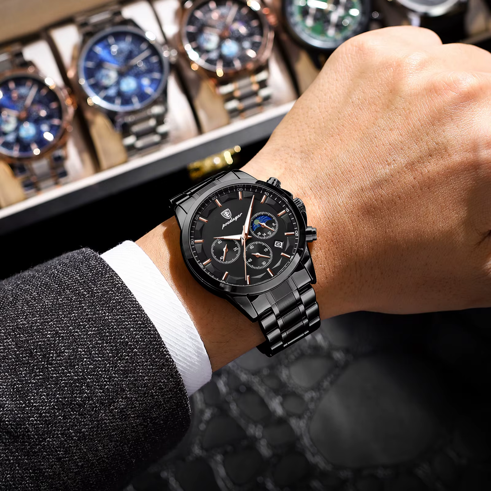 POEDAGAR Top mode hommes montres étanche lumineux en acier inoxydable hommes montre-bracelet chronog