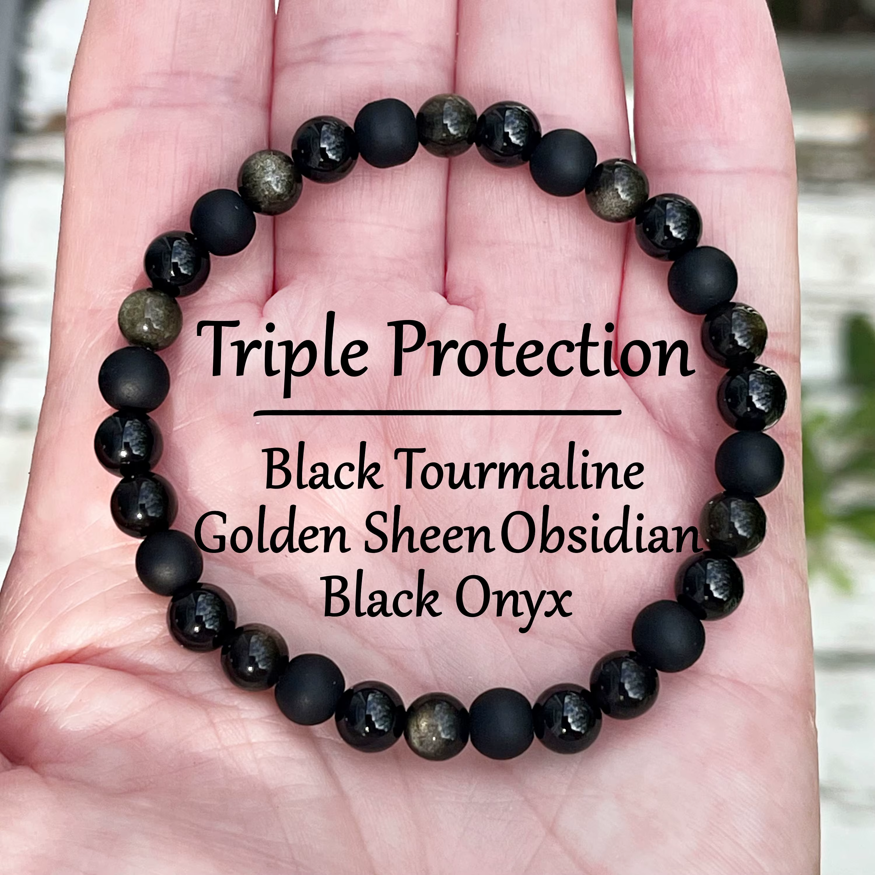 Bracelet triple protection, bracelet en pierre naturelle noire, bracelet en obsidienne dorée, bracel