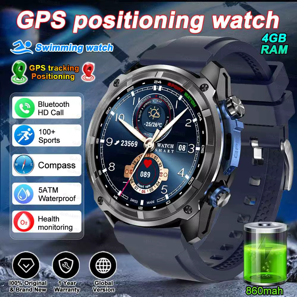 Montre connectée GPS 2026 pour sports de plein air, étanche, avec verre Corning Gorilla, 4 Go de mém