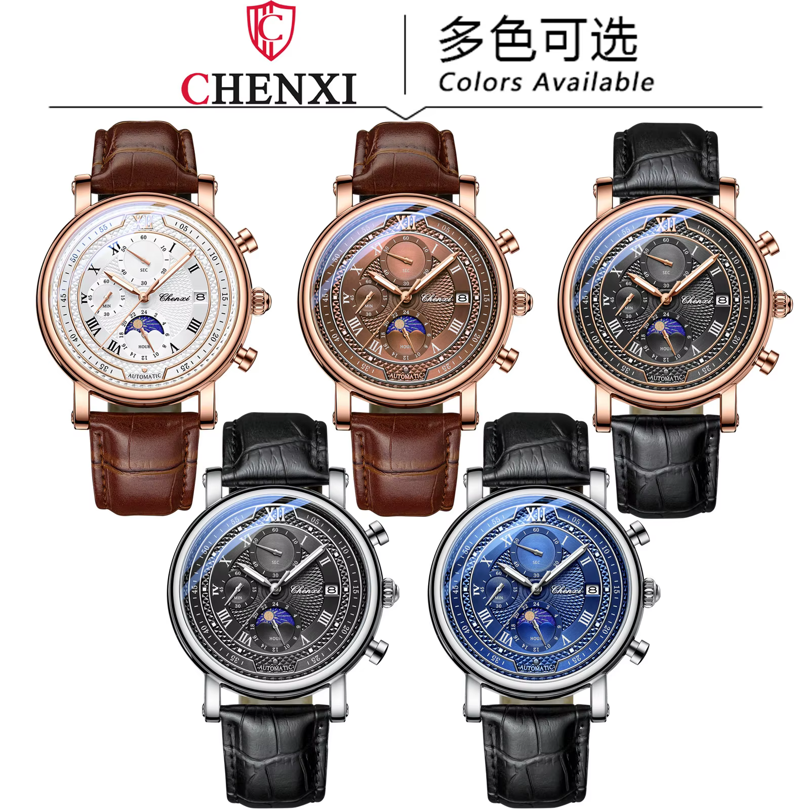 Chenxi 976 cuir chronographe Date hommes Phase de la lune chronométrage affaires lumineux montre à Q