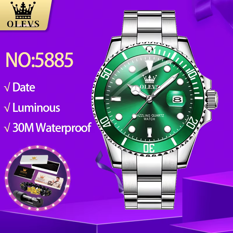 OLEVS 5885 montres pour hommes affaires bracelet en acier inoxydable montre à Quartz vert calendrier