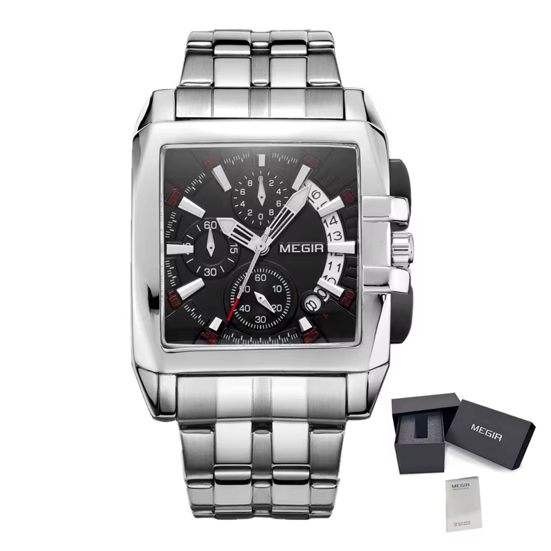 MEGIR Original luxe hommes montre en acier inoxydable hommes montres à Quartz affaires grand cadran