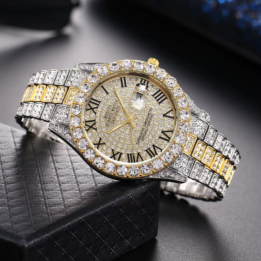 Montre à quartz avec bracelet en acier doré pour homme, échelle romaine, biscuits, calendrier, montr