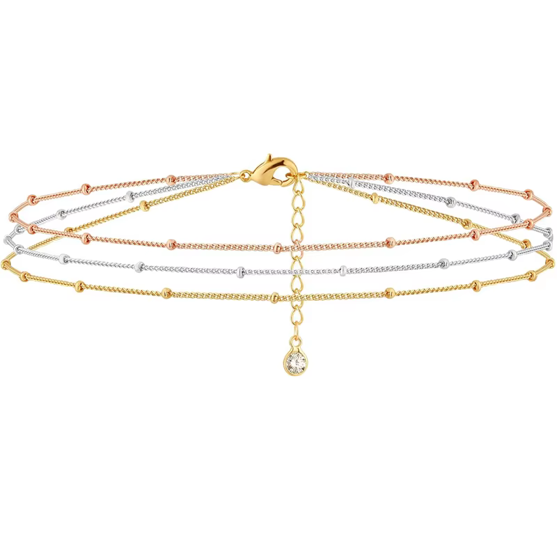 Bracelet de perles triple 3 couleurs pour femmes, plaqué or 14 carats, chaîne délicate en acier inox