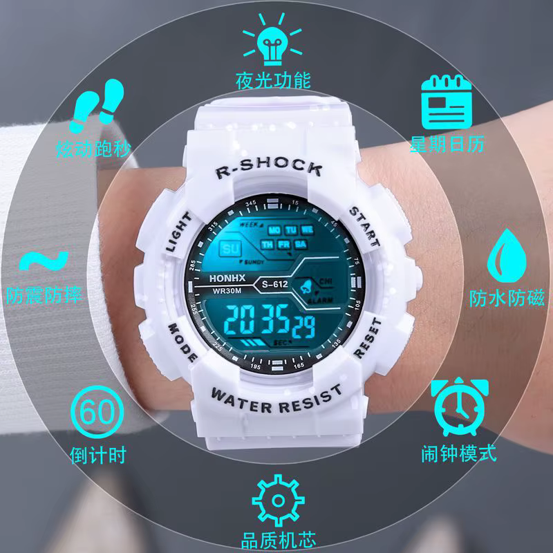 Sport de plein air hommes montre multifonction grand écran LED électronique étanche lumineux militai