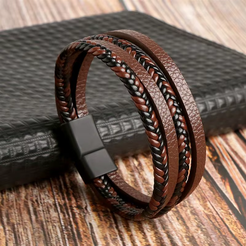 Nouveau Bracelet en cuir tressé pour hommes, classique tissé à la main, boucle magnétique, Bracelet