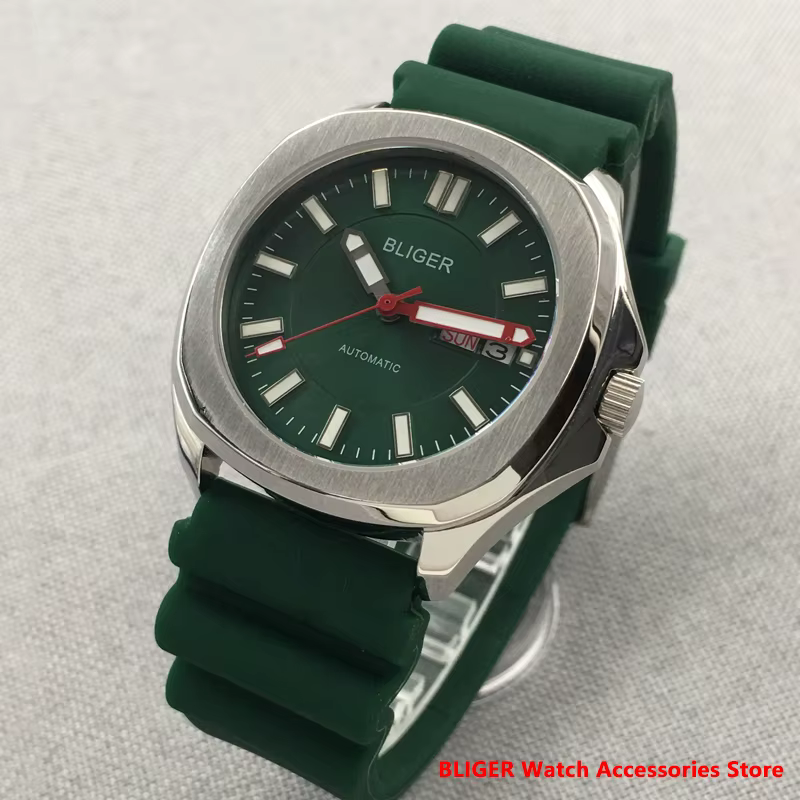 BLIGER-Montre existent pour Homme, Cadran Vert, Affichage Jour de la Semaine Shoe, Bracelet en Caout