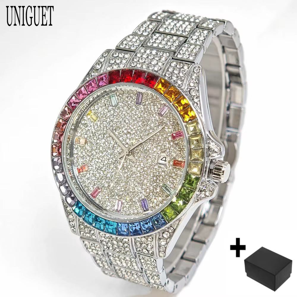 Vente chaude mode montre en or pour hommes marque UNIGUET Hip Hop arc-en-ciel diamant brillant bijou