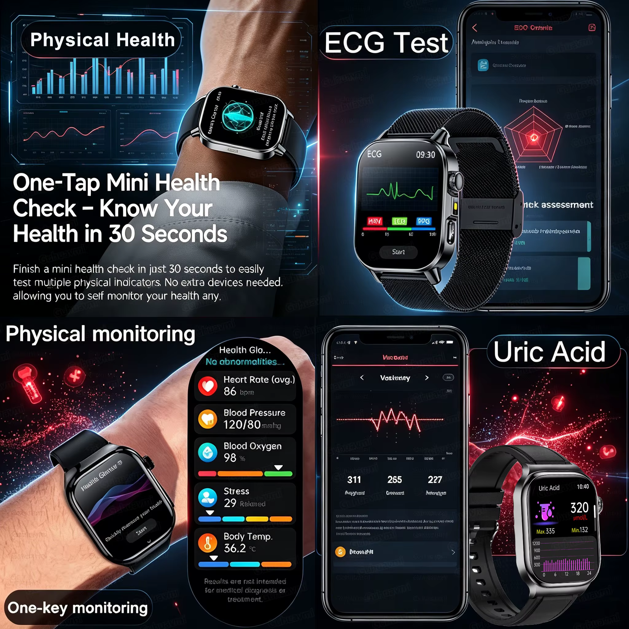 Nouvelle Montre Connectée 2026 pour l'Analyse de la Santé (Acide Urique & Lipides) avec ECG+PPG, App