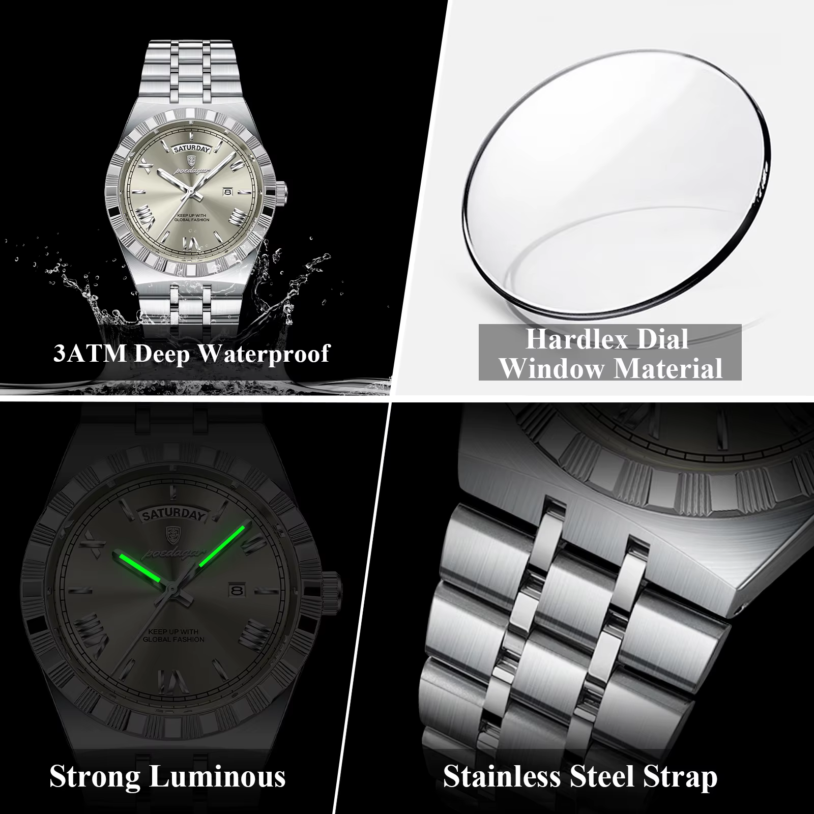 POEDAGAR luxe homme d'affaires montre semaine Date étanche montres lumineuses pour hommes en acier i