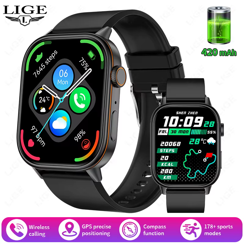 Montre connectée GPS LIGE avec écran HD 2,01 pouces, suivi de la trajectoire de mouvement, plus de 1