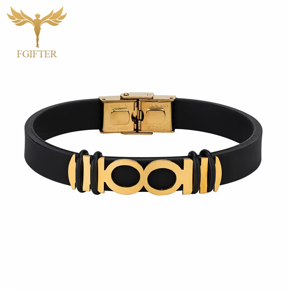 Bracelet infini pour homme et femme, bracelet en silicone noir avec incrustation en acier inoxydable