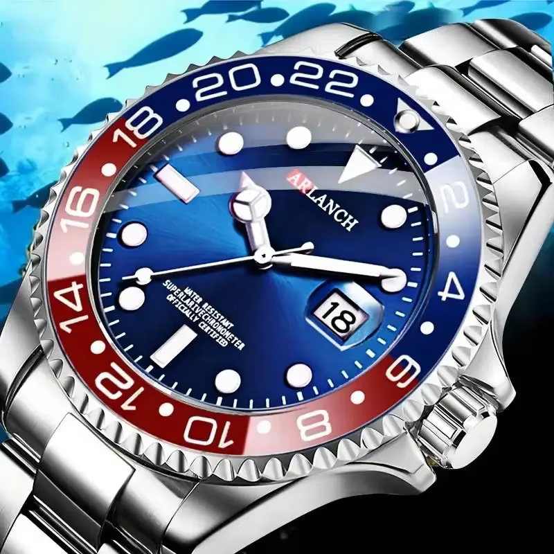Montre d'affaires en acier inoxydable 40mm classique rouge bleu cercle série de plongée loupe calend