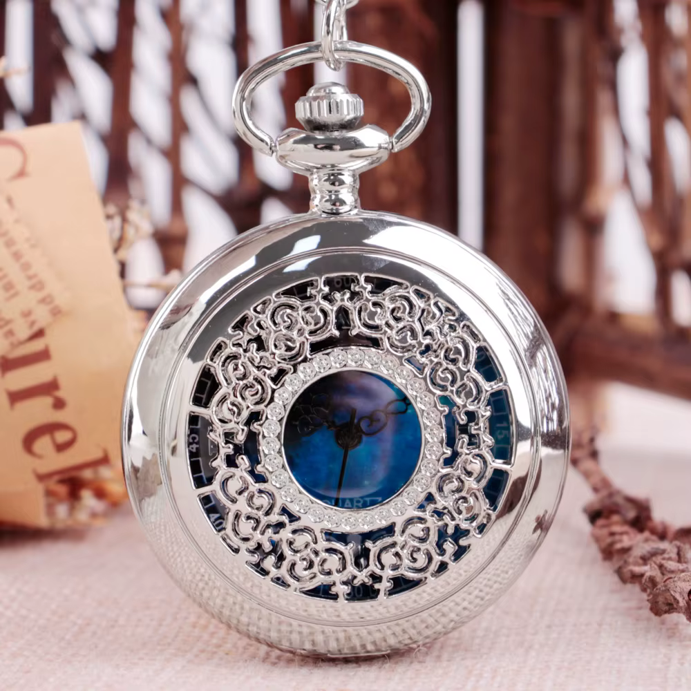 Montre de poche à Quartz creuse noire et argentée, pendentif exquis, cadran bleu étoilé, chiffres ro