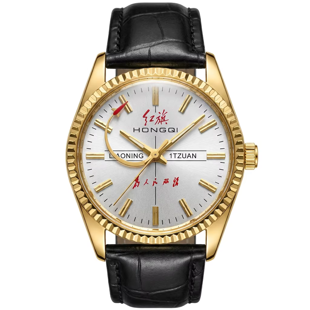 Montre mécanique Shanghai 17 Jewels, lunette plaquée or, bracelet en cuir noir, montre pour homme
