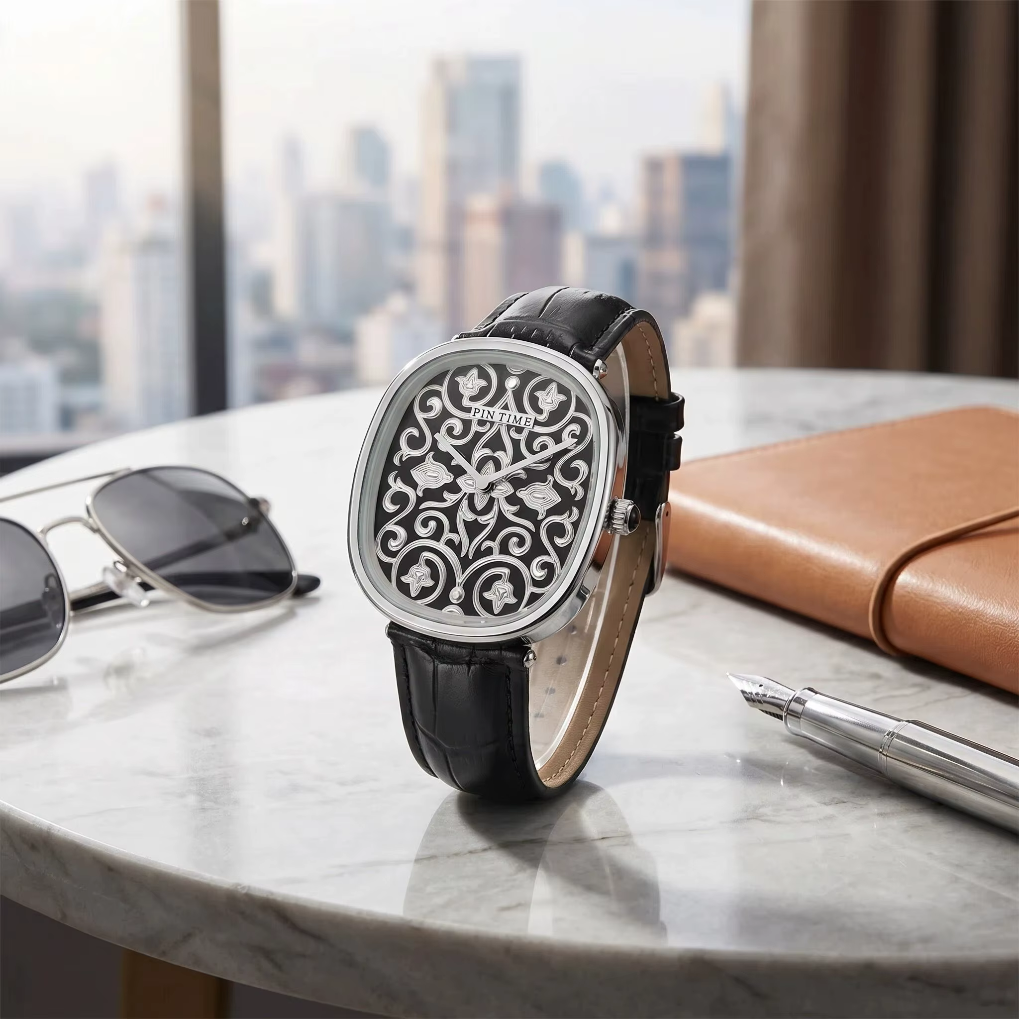 Montre à quartz avec design sculpté en 3D, mouvement à quartz Sunon, diamètre 40 mm, épaisseur 10 mm