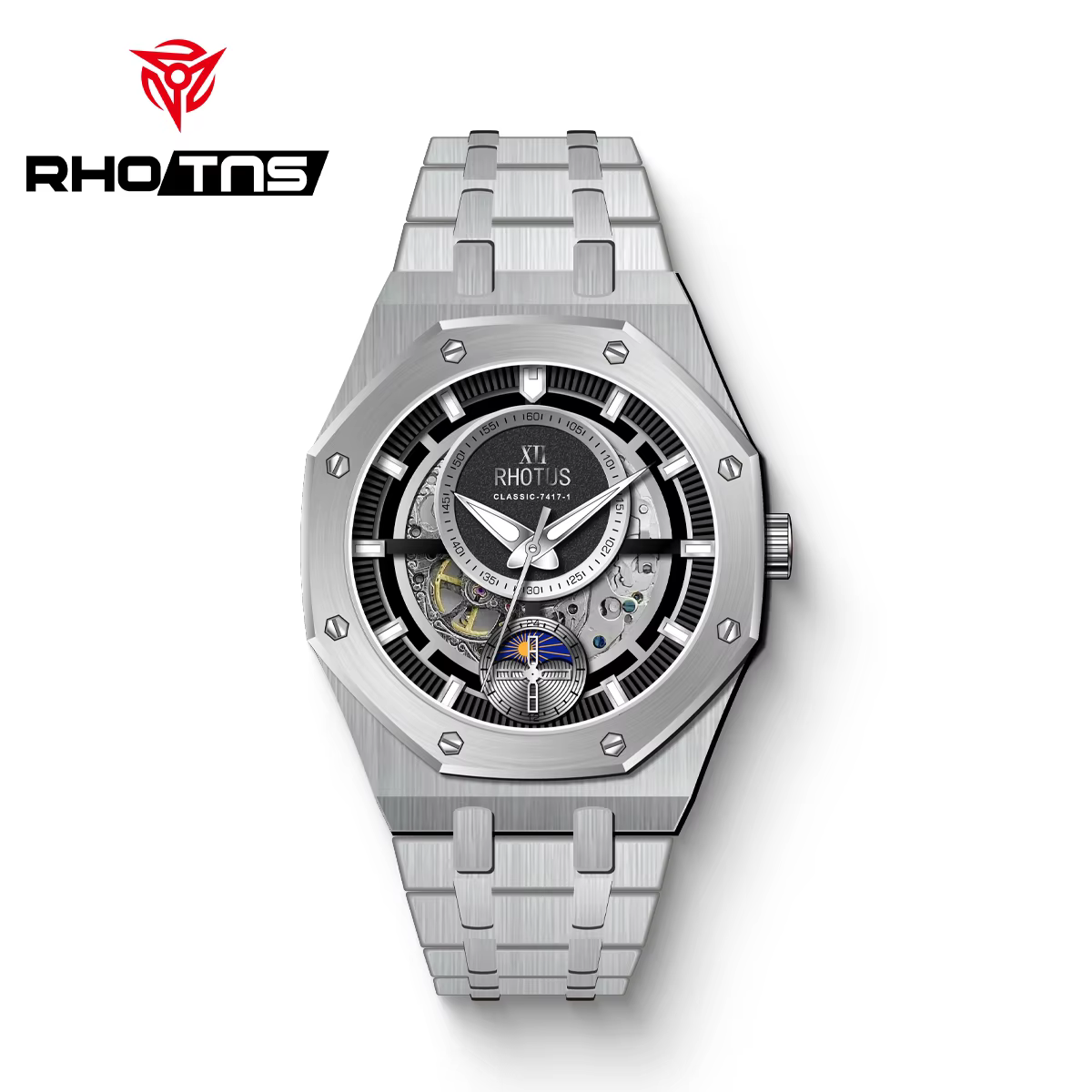 RHOTUS Montre mécanique automatique pour homme, octogonale, squelette creux, lumineuse, en acier ino