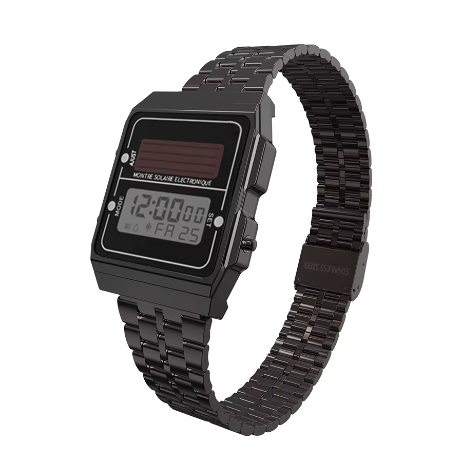 Montre numérique solaire pour hommes, chronographe rétro, bracelet en acier inoxydable, étanche, mul