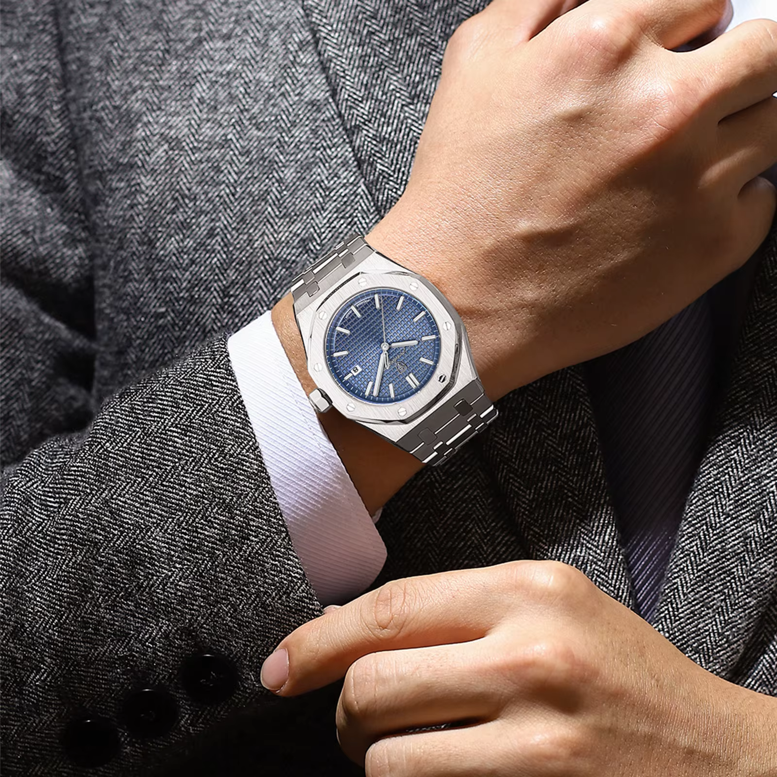 POEDAGAR Original luxe homme montre Date lumineux étanche en acier inoxydable hommes montre-bracelet