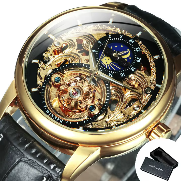 Montre de luxe à tourbillon pour homme, squelette doré, automatique, mécanique, bracelet en cuir, mo