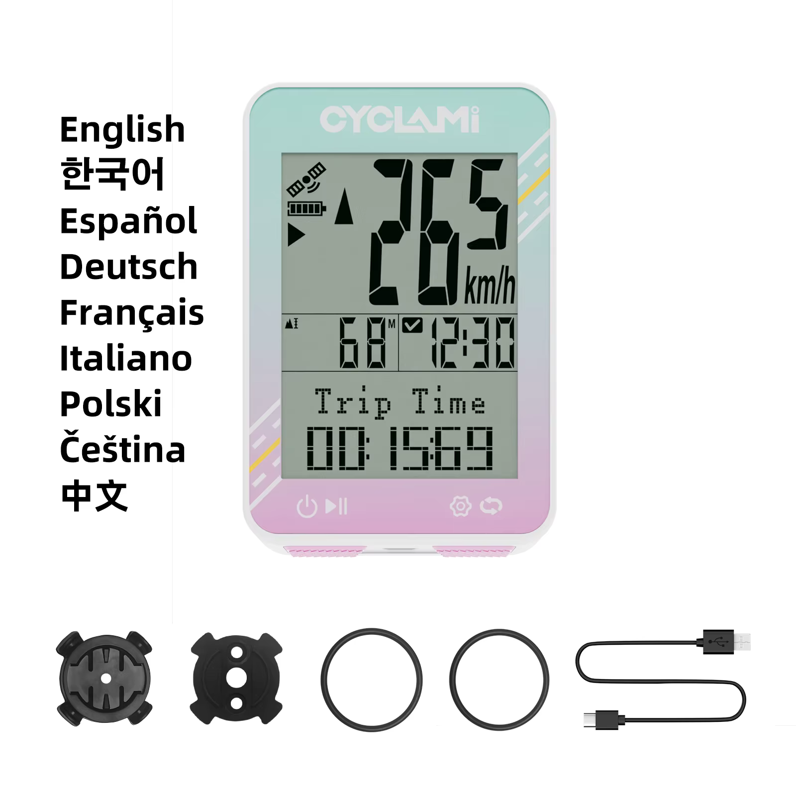 CYCLAMI Français vélo GPS ordinateur multilingue 2.4 pouces IPX7 blanc/rose odomètre femelle cavalie