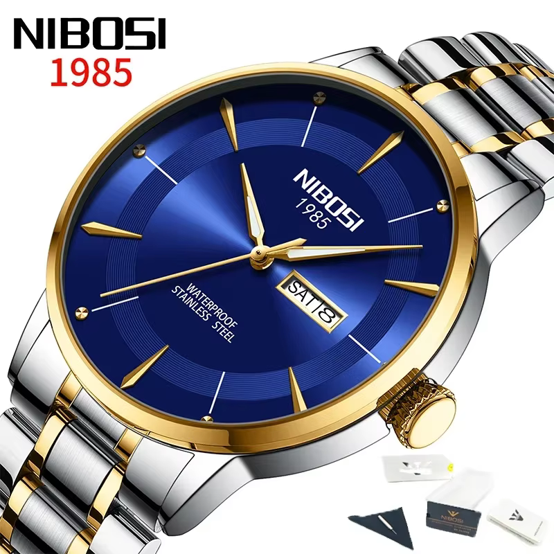 Montre de luxe NIBOSI 2607 pour homme, bracelet en acier inoxydable, étanche, date, jour, quartz, Re