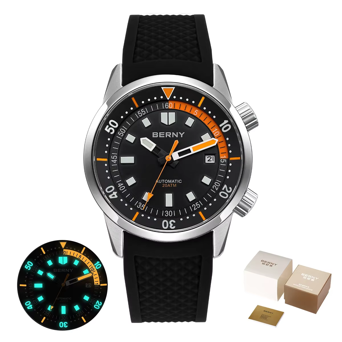 BERNY – montre de plongée pour hommes, 20ATM, Super lumineuse, automatique, mécanique, entièrement e