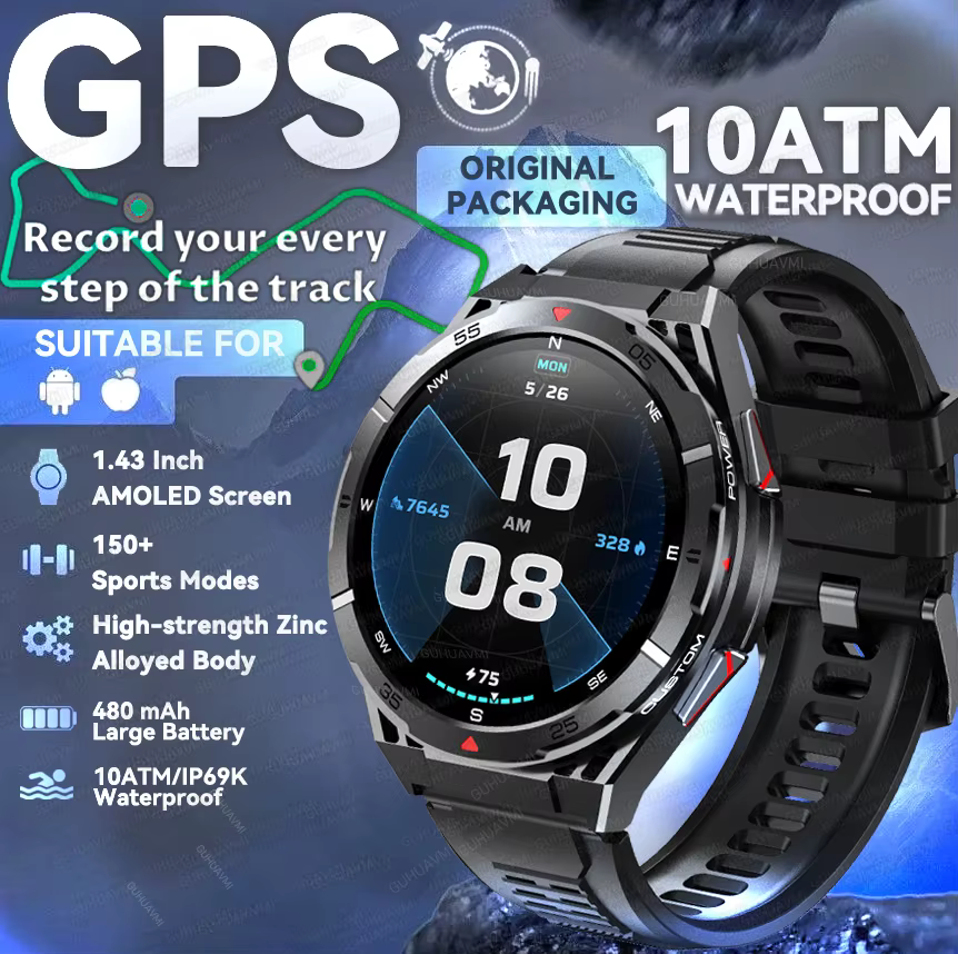 2025 nouveau GPS Sport montre intelligente hommes 1.43 pouces HD AMOLED écran boussole Bluetooth app