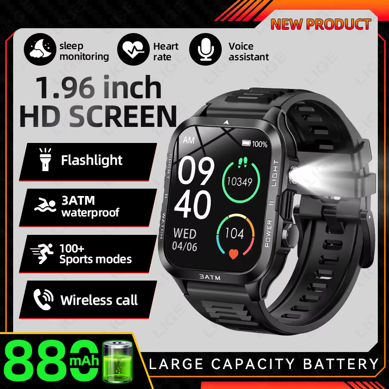Montre connectée de fitness LIGE avec écran HD de 1,96 pouces pour hommes, batterie de 880 mAh, fréq