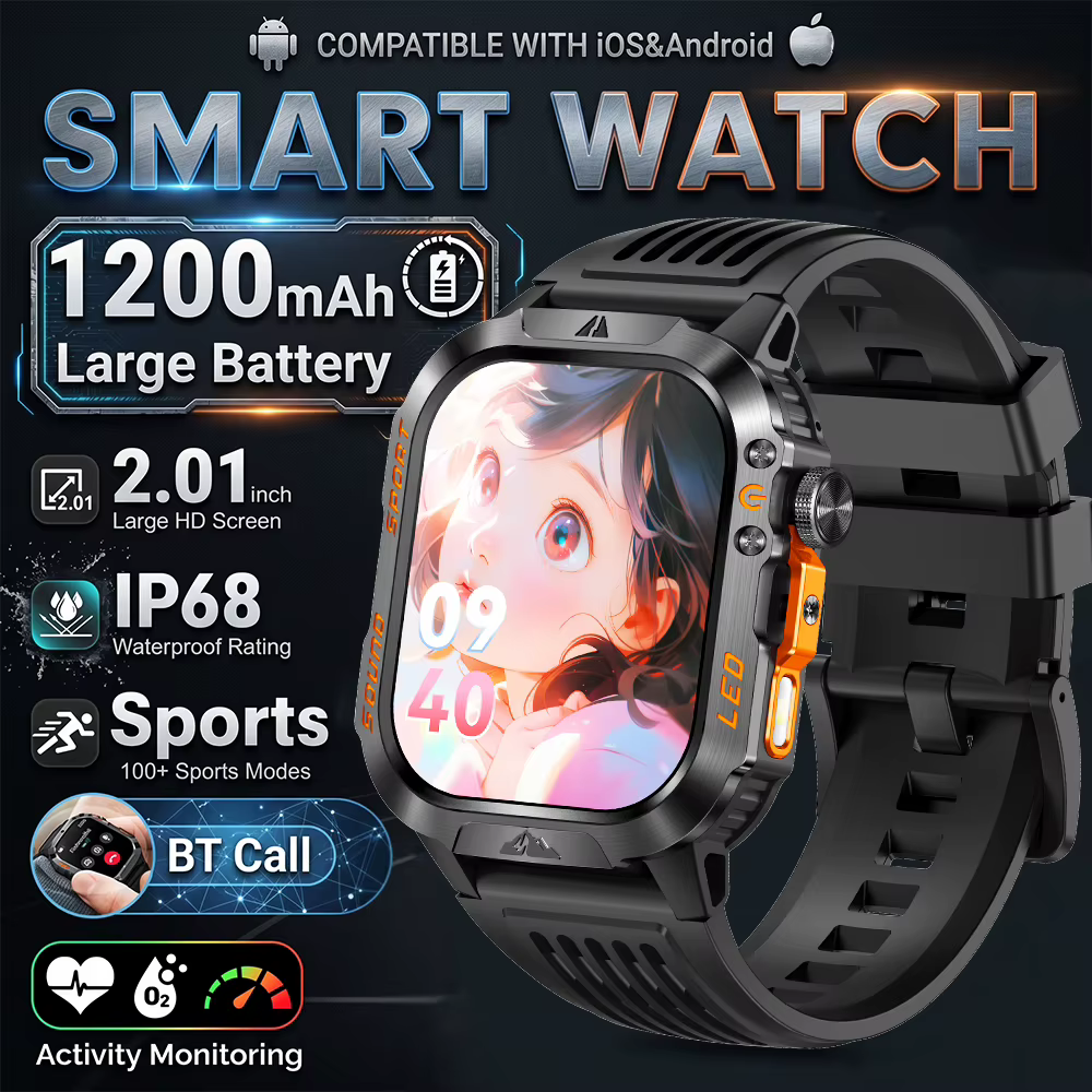 Montre connectée de randonnée mondiale 2026 avec écran 2,01'', batterie 1200 mAh, lumière LED, fréqu
