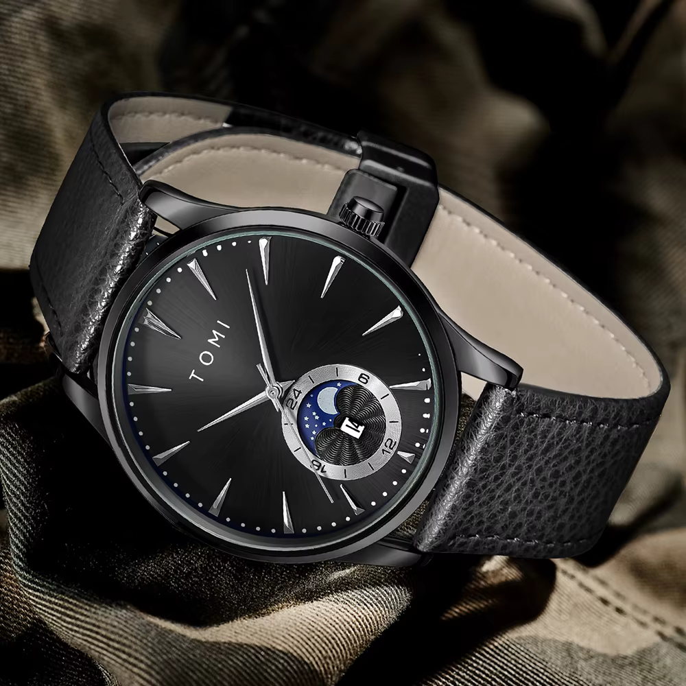TOMI-Montre à quartz de luxe avec bracelet en cuir pour homme, affaires et loisirs, grand cadran, ca