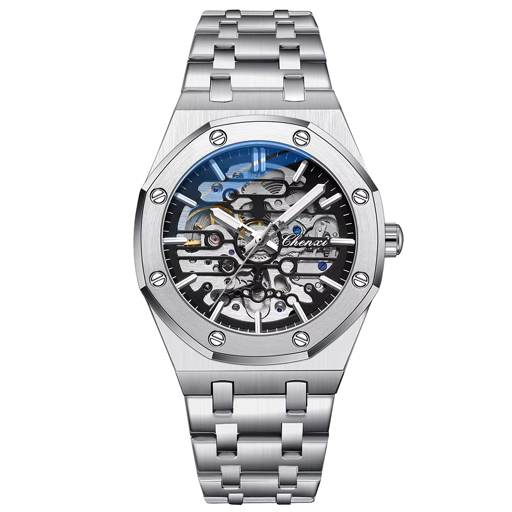 CHENXI haut de gamme évider entièrement automatique montres mécaniques pour hommes argent noir brace