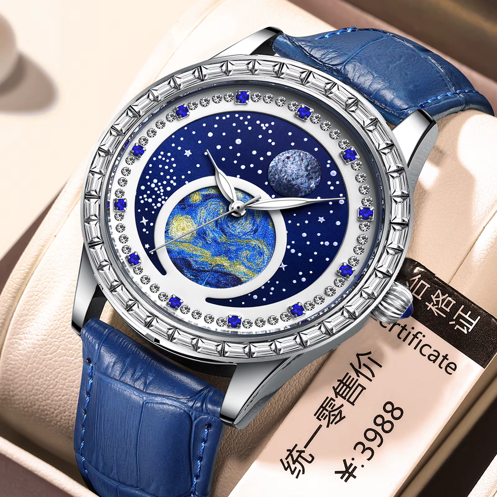 Montre à quartz de luxe pour homme, étanche, cadran lumineux effet peinture à l'huile ciel étoilé, m