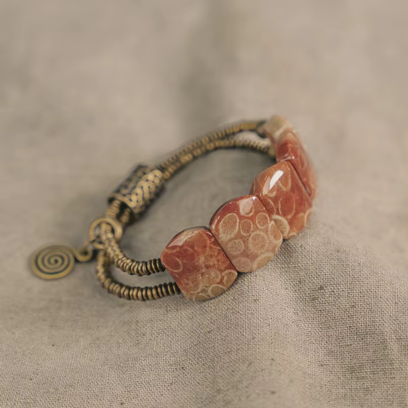 Bracelet de pierres naturelles pour hommes et femmes, deux perles en laiton, roche rouge, métal, bij