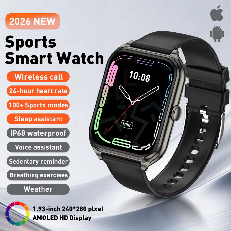 Montre connectée avec moniteur de fréquence cardiaque, SpO2, suivi du sommeil, écran AMOLED de 1,93
