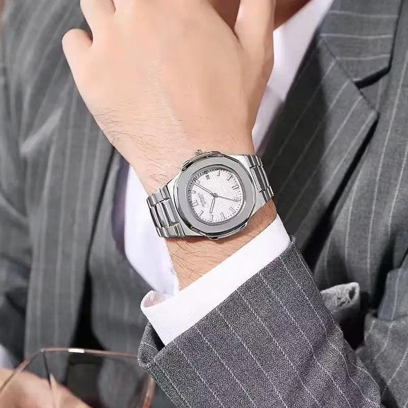 Montre de luxe pour hommes, mode décontractée, grand cadran, argent, acier inoxydable, calendrier, Q