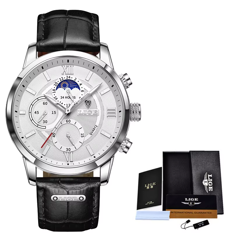 LIGE-Montre-bracelet en cuir étanche pour homme, montre à quartz masculine, horloge de sport, marque