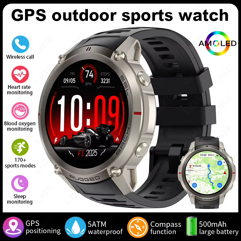 Montre connectée GPS LIGE pour extérieur, téléchargement de cartes hors ligne, boussole, suivi, étan