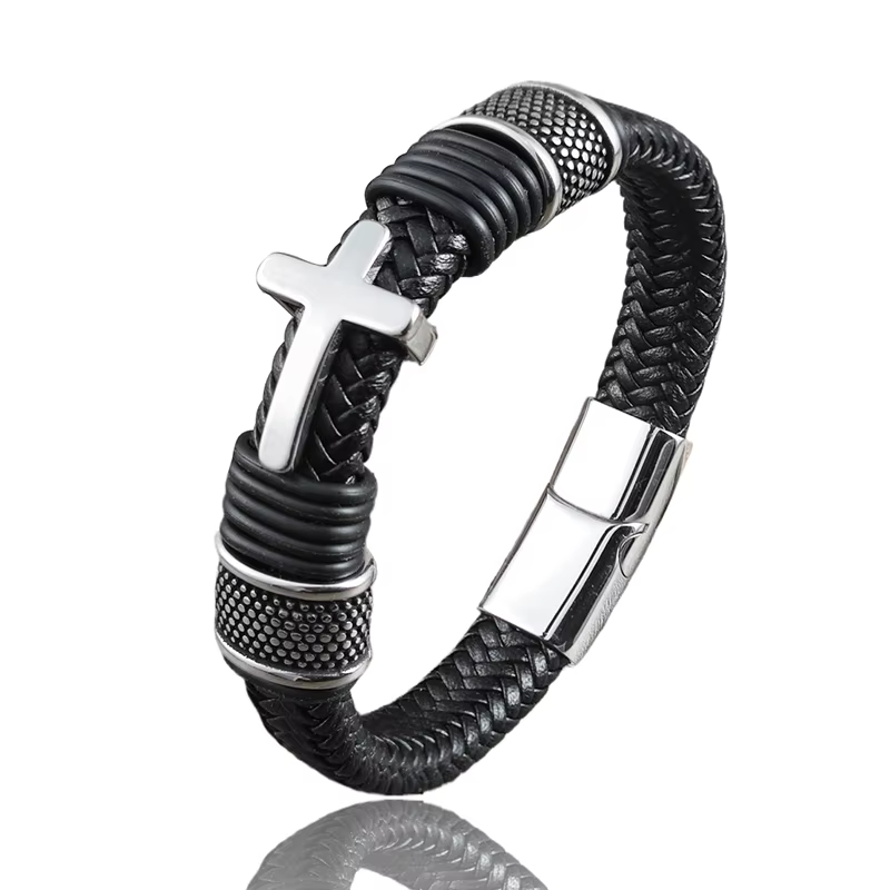 Bracelet magnétique en cuir noir de luxe, design croisé, mature, stable et élégant, offrant le meill