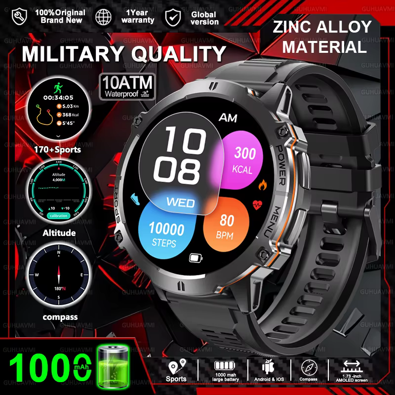 Montre connectée de sport pour hommes, T-Rex3, batterie 1000mAh, écran AMOLED 1.73 pouces, étanche 1