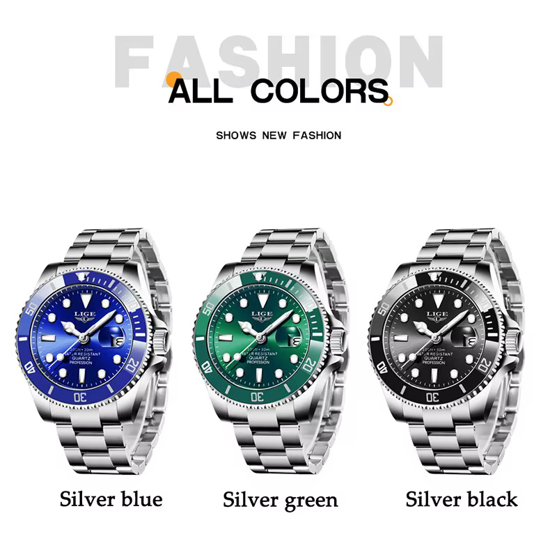 LIGE-Montre de plongée étanche pour homme, montre-bracelet à quartz, horloge de date, montres de spo