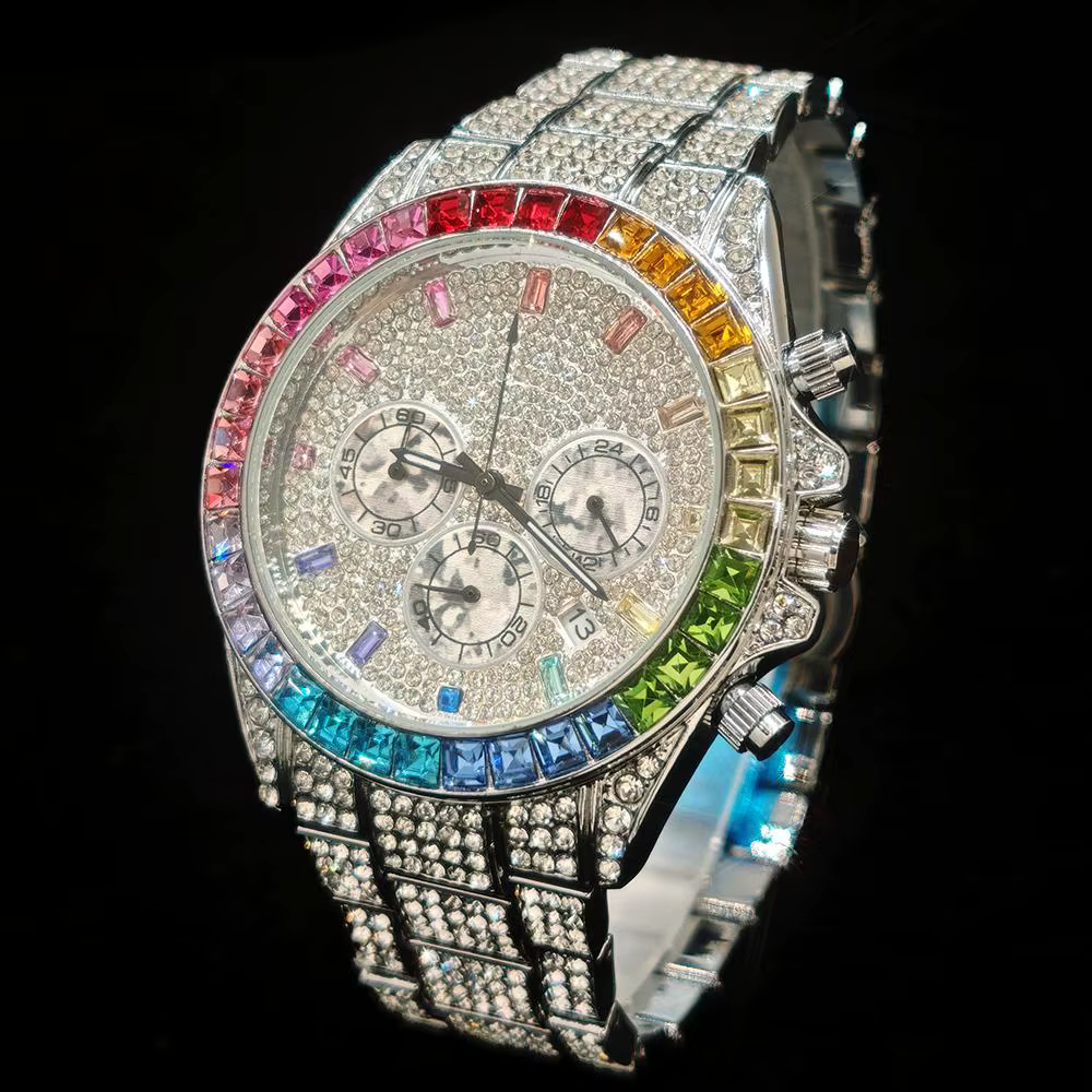 Mode glace montres hommes marque UNIGUET luxe en acier inoxydable Hip Hop arc-en-ciel diamant Quartz